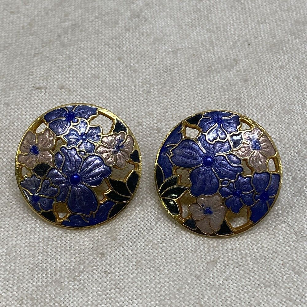 LT Cloisonné Earrings‎ Floral Boho Cottagecore Fairy Goldtone Enameled Round